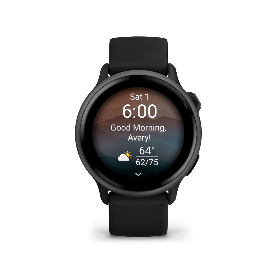 Ceas Garmin vívoactive 6 display AMOLED, dimensiune afisaj 30.4 mm, rezolutie afisaj  390 x 390 pixeli, memorie 8GB, autonomie până la 11 zile (5 zile cu afişajul permanent pornit) rezistanta la apa pana la 5 ATM, greutate: 23g, ramă Black cu curea Bone, carcasă Slate şi curea din silicon