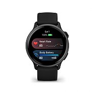 Ceas Garmin vívoactive 6 display AMOLED, dimensiune afisaj 30.4 mm, rezolutie afisaj  390 x 390 pixeli, memorie 8GB, autonomie până la 11 zile (5 zile cu afişajul permanent pornit) rezistanta la apa pana la 5 ATM, greutate: 23g, ramă Black cu curea Bone, carcasă Slate şi curea din silicon