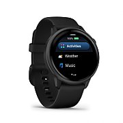 Ceas Garmin vívoactive 6 display AMOLED, dimensiune afisaj 30.4 mm, rezolutie afisaj  390 x 390 pixeli, memorie 8GB, autonomie până la 11 zile (5 zile cu afişajul permanent pornit) rezistanta la apa pana la 5 ATM, greutate: 23g, ramă Black cu curea Bone, carcasă Slate şi curea din silicon