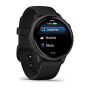 Ceas Garmin vívoactive 6 display AMOLED, dimensiune afisaj 30.4 mm, rezolutie afisaj  390 x 390 pixeli, memorie 8GB, autonomie până la 11 zile (5 zile cu afişajul permanent pornit) rezistanta la apa pana la 5 ATM, greutate: 23g, ramă Black cu curea Bone, carcasă Slate şi curea din silicon