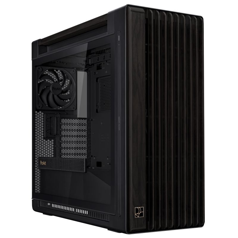 Carcasa ASUS PROART PA602 WOOD EDITION Mid Tower ARGB NEGRU, Tempered Glass, Sloturi Expansiune 8+2 aditional verticale, Drive Bays: 4x3.5 /2.5  4x2.5 , Ventilatoare Suportate: 6 (spate: 1x120mm sau 1x140mm, fata: 2x200mm, sus: 3x120mm sau 3x140mm), Ventilatoare Incluse: 3 (spate: 1x120mm, fata
