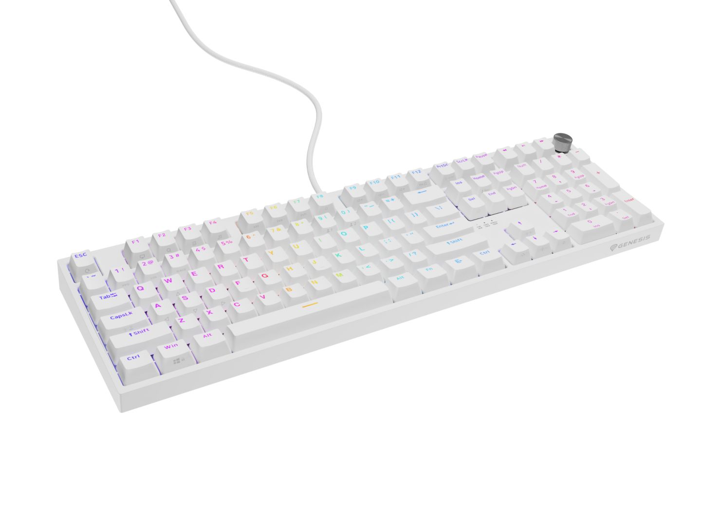 Tastatura gaming mecanica cu fir Genesis Thor 404, iluminare RGB, 107 taste, 11 butoane multimedia, alb