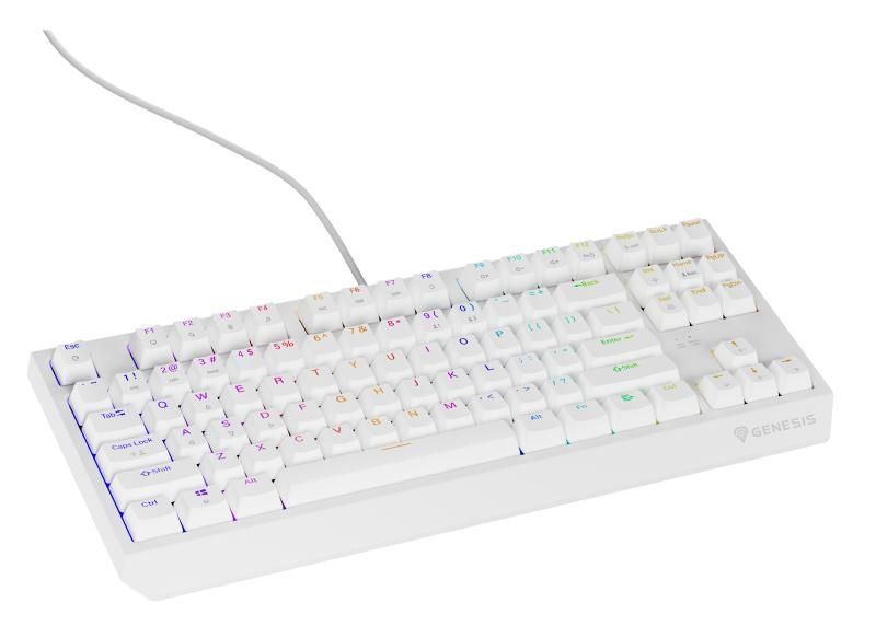 Tastatura gaming mecanica cu fir Genesis Thor 230 TKL, iluminare RGB, switch Linear, switch model Outemu Red, numar taste 87, 11 butoane multimedia, lungime cablu 1.6m, dimensiuni 363 x 155 x 39 mm, alb