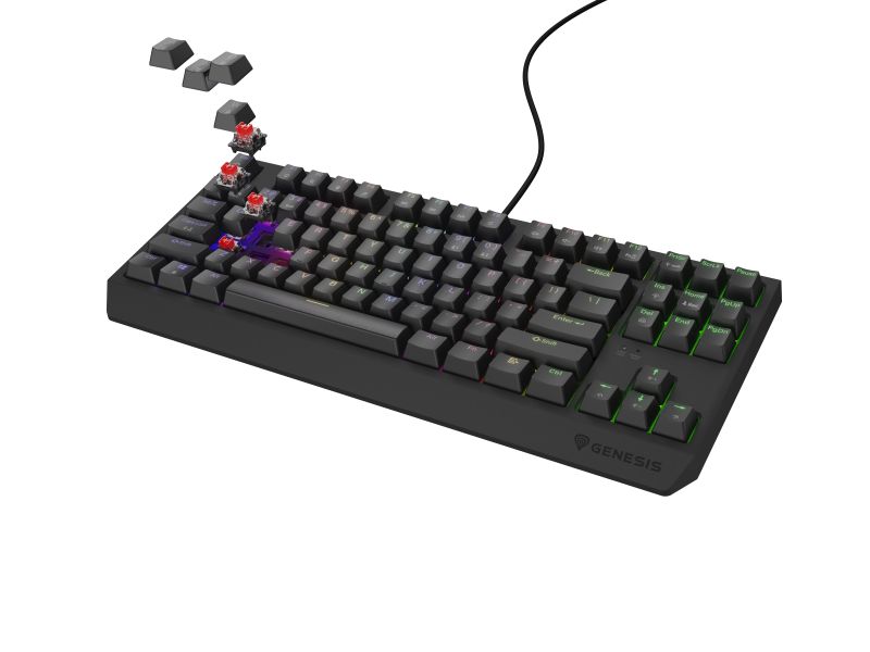 Tastatura gaming mecanica cu fir Genesis Thor 230 TKL, iluminare RGB, switch Linear, switch model Outemu Red, numar taste 87, 11 butoane multimedia, lungime cablu 1.6m, dimensiuni 363 x 155 x 39 mm, negru