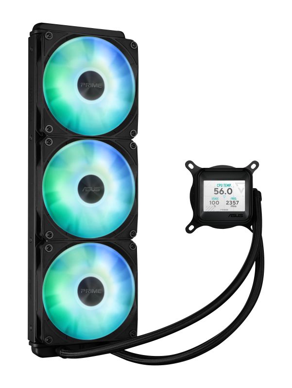 Cooler Procesor ASUS PRIME LC 360 LCD ARGB NEGRU, marime radiator 360mm, 3 ventilatoare ARGB, Viteza ventilatoare 2200 RPM +/- 10%, Suport AMD: AM4, AM5, suport INTEL: LGA 1851/115x/1200/1700, Airflow: 75.7 CFM, Nivel de zgomot ventilatoare: 37.6dBA