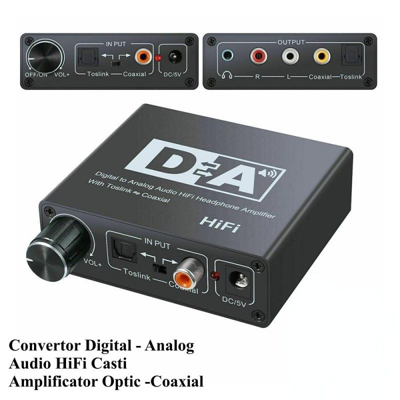 Digital to analog audio converter with amplification button
- toslink and RCA coaxial digital input
- analog output (2x RCA) + 3.5mm stereo jack + digital toslink and coaxial RCA
- 5V 1A power supply with 5.5x2.5mm plug (included in the package)
Packaging: box 1 set.
