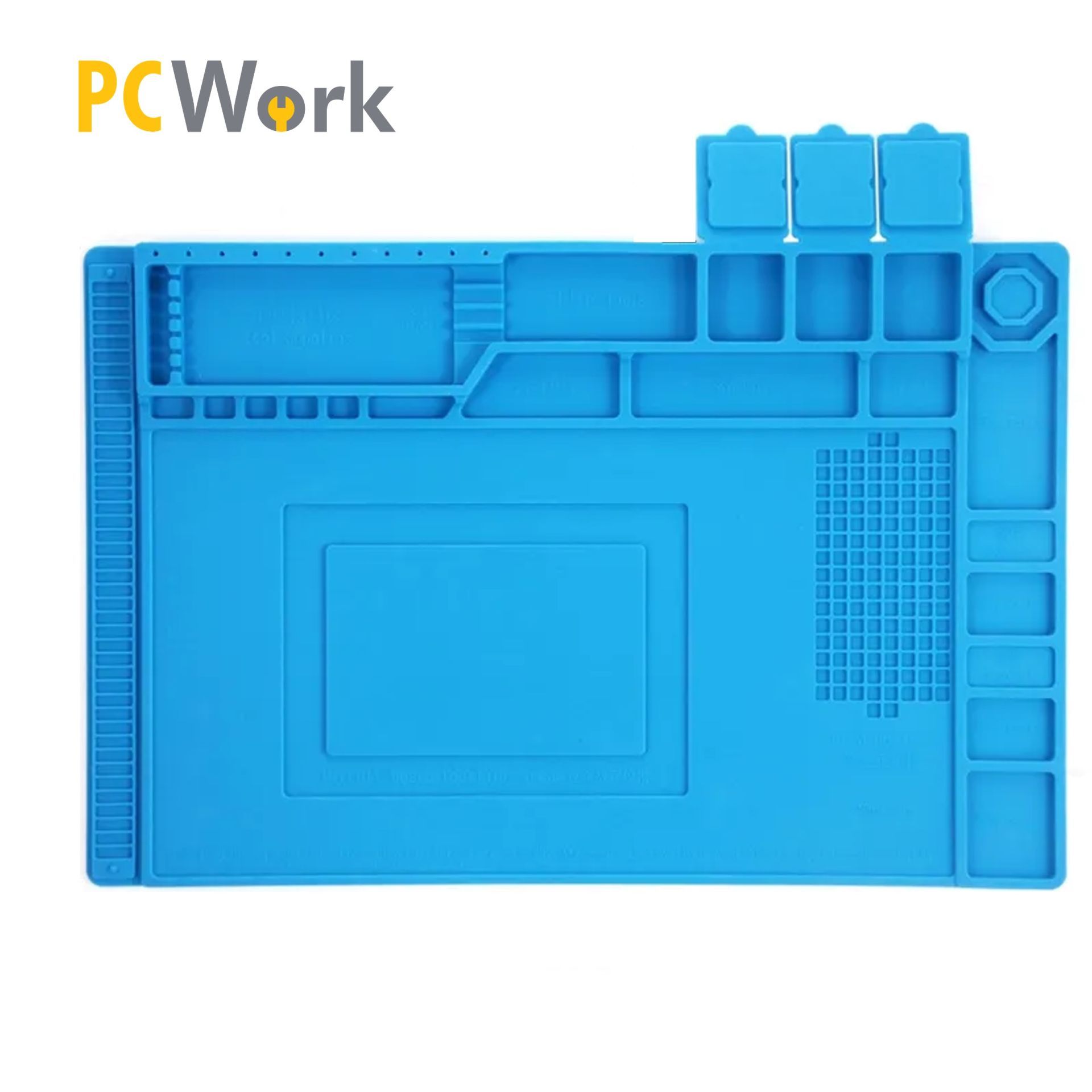 Introducing the Soldering mat, the ultimate solution for any soldering or repair project. Measuring 450x300mm, this silicone mat provides a generous work surface that is heat-resistant up to 450&ampdegC, making it ideal for use with a range of (soldering) tools and equipment. It is the perfect size for your workbench and provides ample space for all your tools and components.


The Soldering Mat comes with several convenient features to make your repair work easier and more efficient. The built-in storage boxes provide a convenient place to keep your tools and components organized, while the powerful magnets hold small parts securely in place. These features ensure that you can work more efficiently and effectively, reducing the risk of lost or misplaced items.


The mat also features a non-slip surface that provides a stable and secure work environment, preventing your equipment from slipping or sliding during use. Additionally, the mat is easy to clean, allowing you to maintain a hygienic workspace that is free of debris and other contaminants. In addition, the mat also features a printed grid to help you measure and cut materials accurately.


Whether you are a professional technician or a DIY enthusiast, the soldering mat is an essential tool for anyone who needs a reliable and durable work surface for their repair and soldering projects. With its durable construction, ample workspace, and convenient storage options, you can tackle any project with confidence and ease.


	Silica gel working mat, blue
	Size:450X300mm
	Edge thickness 6.5mm
	Various magnetic sections
	3 Storage boxes
	Heat-resistant 450℃