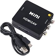 Adapter mini converter HDMI 720p / Full HD 1080p video and stereo audio to AV(RCA), black

Careful!
It is NOT bidirectional! Works only in the direction: HDMI input A female to 3 x RCA female.
It must be powered through the mini USB port!

Characteristics:
- makes it possible to connect devices with HDMI A output to displays with analog composite video input
- decodes the HDMI video and audio signal for devices with analog audio input and composite video signal
- supports HDTV formats
- supports HDTV resolutions up to 1080p

No need to install drivers, portable, flexible, plug and play.
Support PAL, NTSC3.58, NTSC4.43, SECAM, PAL/M, PAL/N d.
Input ports: 1 x HDMI.
Output ports: 3 x RCA (yellow, white, red).
HDMI input output: 1080p60Hz, 720p/60Hz.
Composite output: PAL, NTSC3.58, NTSC4.43, SECAM, PAL/M, PAL/N.

The package contains:
1 x Mini HDMI to AV CVBS converter
1 x USB power cable
1 x User Manual

Dimensions (mm): 66 (D)x55 (W)x20 (H)