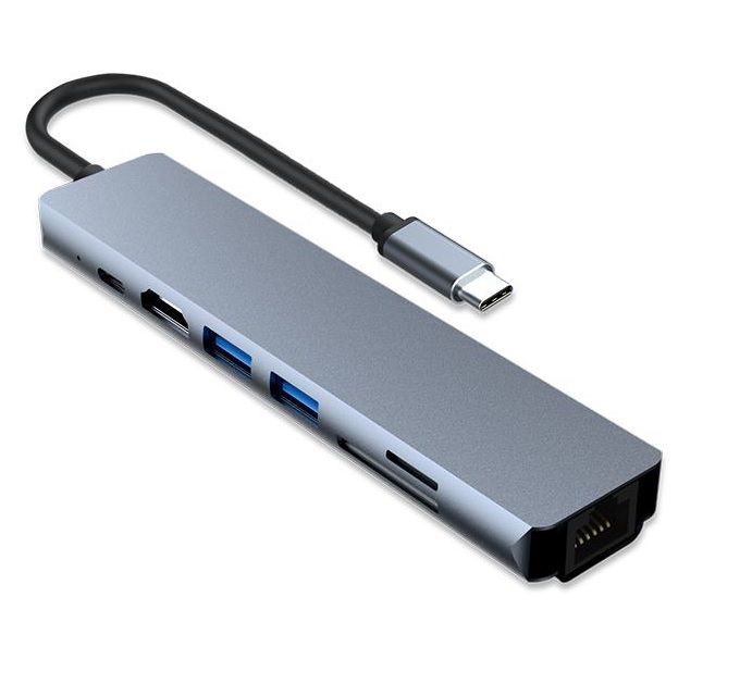 Multiport USB-C 7-in-1
- HDTV: 4K*2K (3840*2160) HDMI
- USB3.0*2: 4.5W max.
- USB-C: PD, 20V@5A, supports max. 100W
- SD/TF card reader
- RJ45 LAN: 10/100/1000mbps Ethernet
Packaging: box 1 pc.