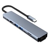 Multiport USB-C 7-in-1
- HDTV: 4K*2K (3840*2160) HDMI
- USB3.0*2: 4.5W max.
- USB-C: PD, 20V@5A, supports max. 100W
- SD/TF card reader
- RJ45 LAN: 10/100/1000mbps Ethernet
Packaging: box 1 pc.