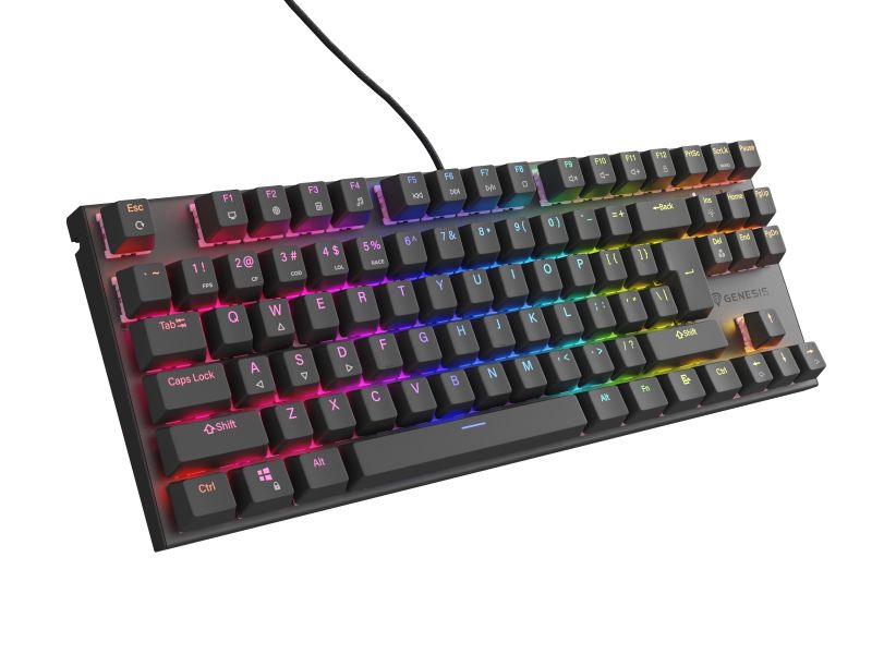 Tastatura gaming mecanica cu fir Genesis Thor 303 TKL, iluminare RGB, switch Linear, switch model Outemu Peach Silent, numar taste 87, 11 butoane multimedia, lungime cablu 1.8m, dimensiuni 355 x 136 x 36 mm, negru