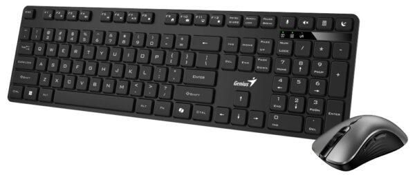 Kit wireless Genius tastatura wireless 104 taste (slim) + mouse wireless 1200dpi, 3 butoane, 11 taste functii multimedia, silent, AI key, negru