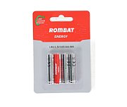 Bateriile alcaline Rombat se comercializează la cutie colectiva de 12 blistere a câte 4 bucăți. ➢ Tensiune nominală: 1,5V ➢ Temperatură de operare: -30~50ºC ➢ Capacitate nominală: 1100 mAh (75Ω 4h/zi 0,9 V) ➢ Durata de viaţă la raft (depozitare fără utilizare): 5 ani ➢ Data expirării este înscrisă