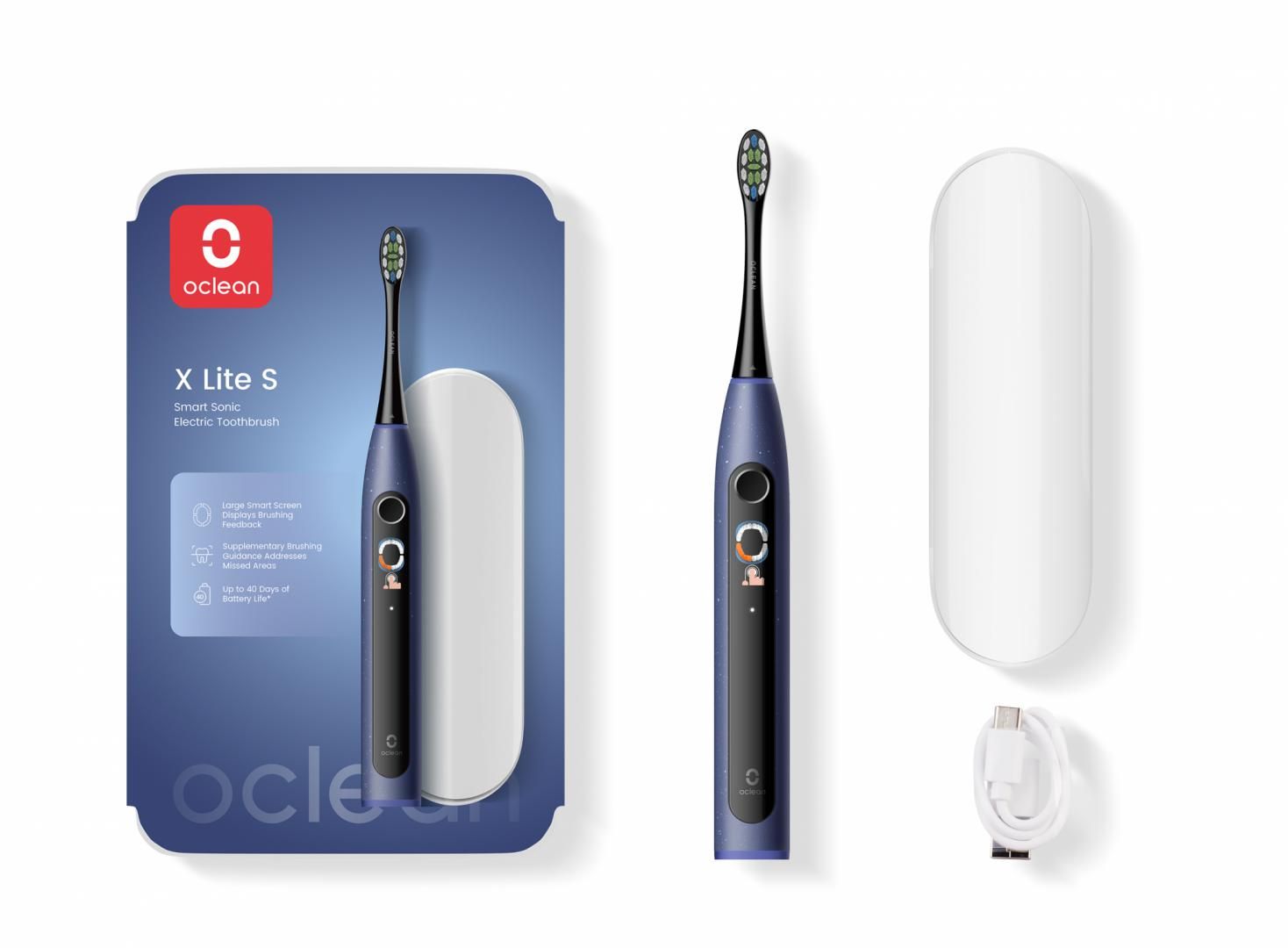 Set periuta de dinti smart sonica Oclean X Lite, Functii: Motor Maglev 72,000 miscari/min, 5 moduri, 65 dB, Capacitate baterie: 1100 mAh, durata utilizare: pana la 40 zile, IPX7 waterproof, perie Professional Clean, culoare: albastru, continut pachet: periuta, carcasa pentru calatorie, cablu de