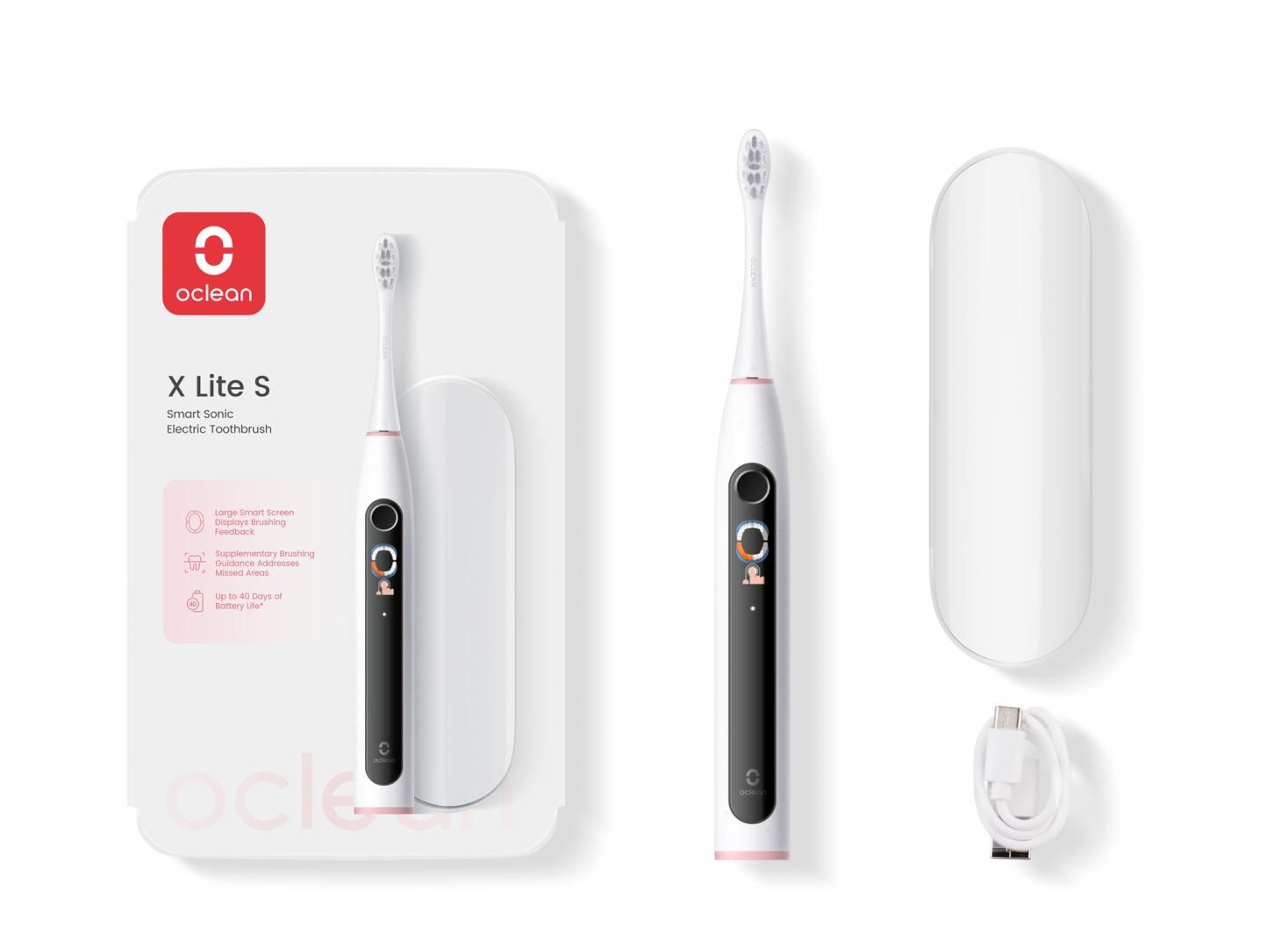 Set periuta de dinti smart sonica Oclean X Lite, Functii: Motor Maglev 72,000 miscari/min, 5 moduri, 65 dB, Capacitate baterie: 1100 mAh, durata utilizare: pana la 40 zile, IPX7 waterproof, perie Professional Clean, culoare: gri, continut pachet: periuta, carcasa pentru calatorie, cablu de
