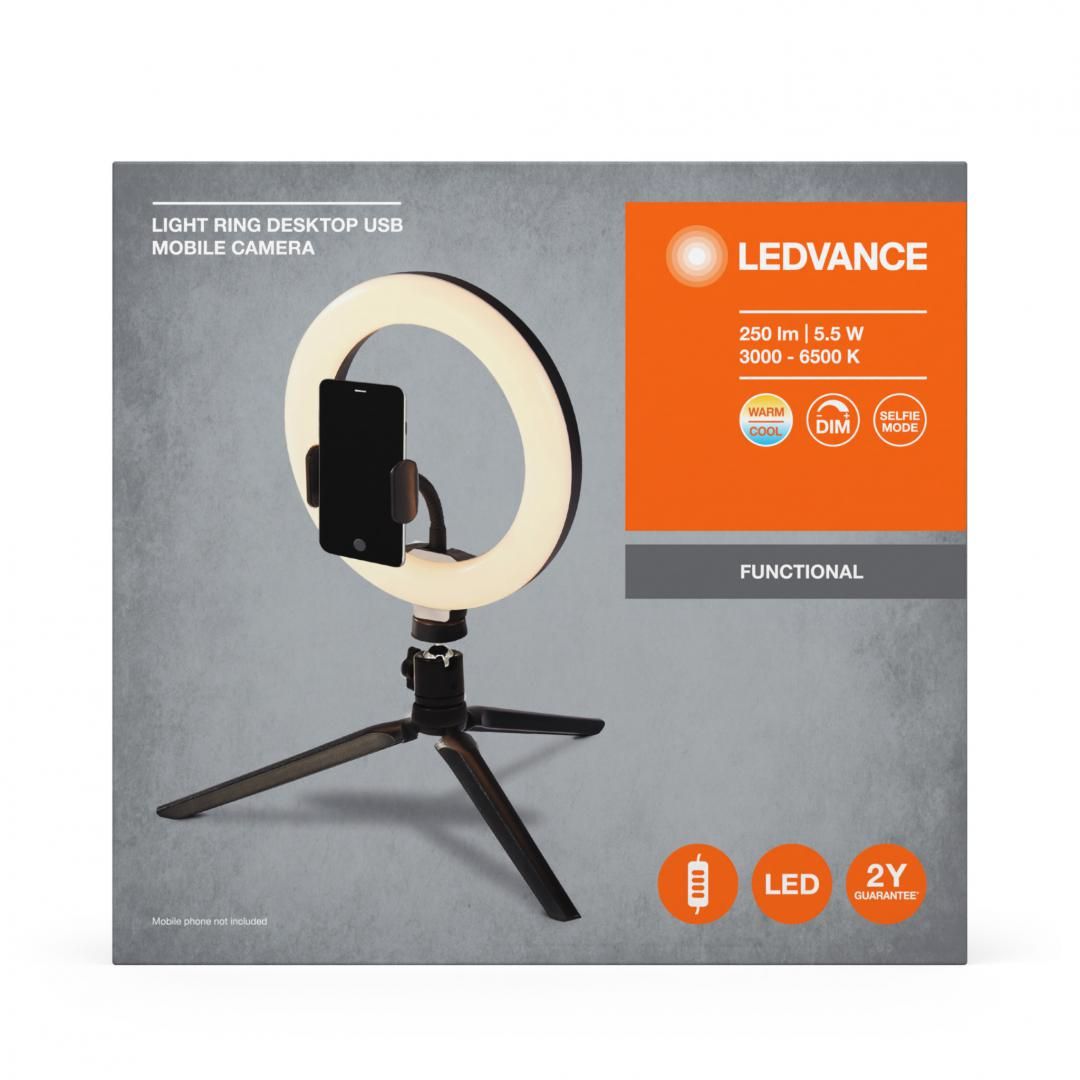 Lampa LED circulara portabila Ledvance Selfie RING, 5.5W, 250 lm, luminaalba (3000-6500K), dimabila, 1xCR2032, telecomanda, IP20, Ø200mm, Negru