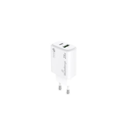 MediaRange 25W GaN Fast Charging Adapter(EU-Plug), 1x USB-C and 1x USB-A, USB-C®Power Delivery and Quick Charge™ enabled, White