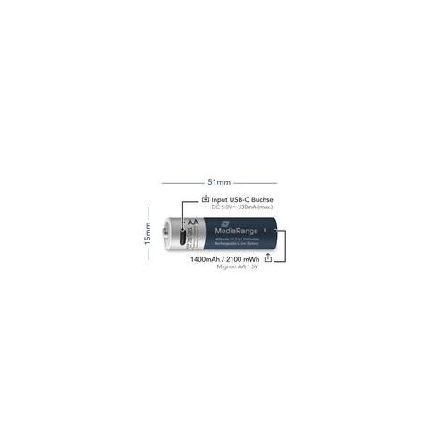 MediaRange Rechargeable USB-C Li-Ion Batteries,Micro AAA I 1.5V I 500mAh, 4-Pack