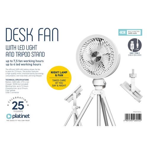 PLATINET Rechargeable Desk Fan, 2×1200 mAh Battery, LED Light, Tripod Stand