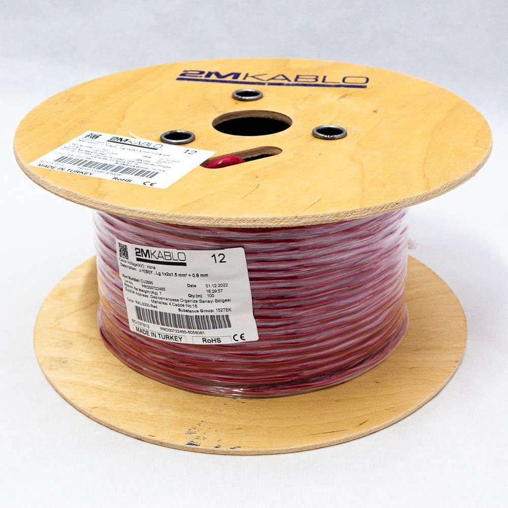  Cablu incendiu JY(St)Y...Lg 1x2x1.5 mm² + 0.8 producator 2M Kablo, 3T11A045046-06ADiametru fir : 1.5 mmConductor torsadati in perechi infasurate in banda PET, ecranaj Al/PET, cupru 100%Culori fire:  VDE 0815Manta: PVC, culoare RAL3000-rosuAmbalare: tambur  100 metriOperatingVoltage