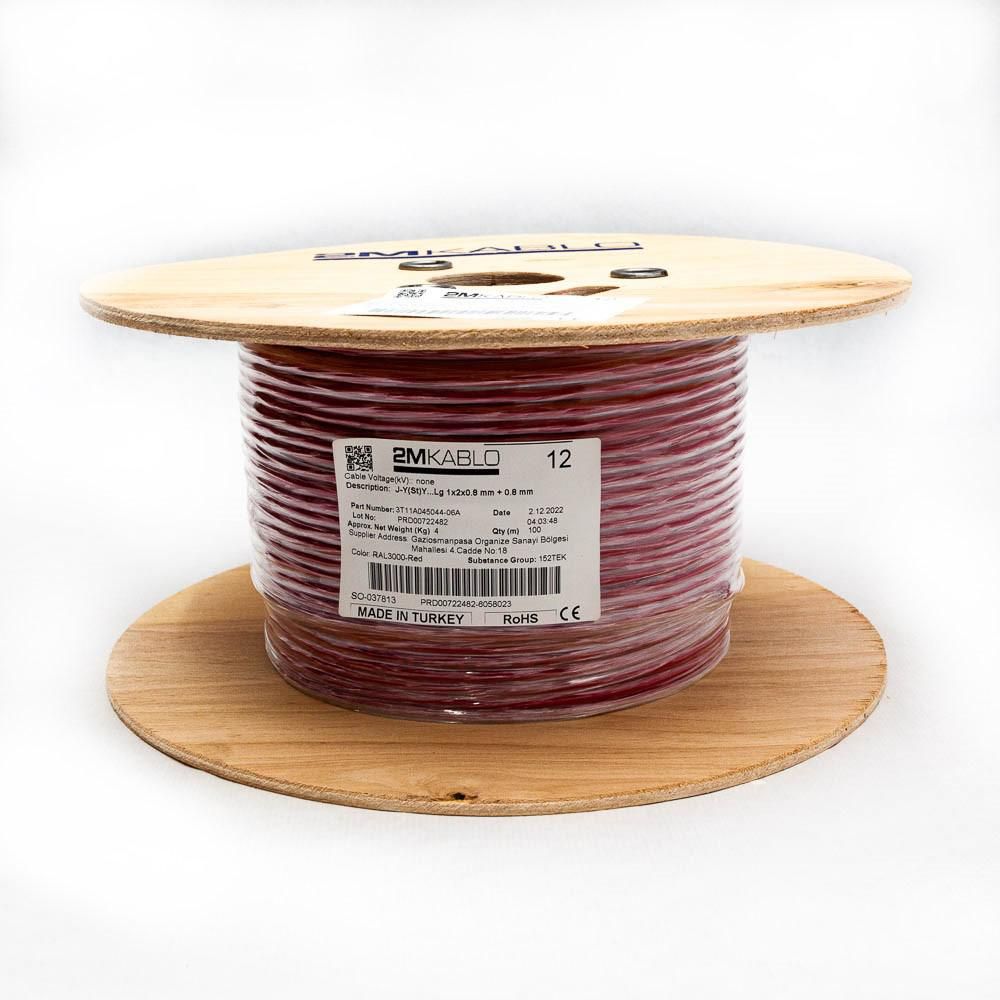  Cablu incendiu JY(St)Y...Lg 1x2x0.8 mm + 0.8 mmproducator 2M Kablo, 3T11A045044-06A-100Diametru fir : 0.8mmConductor torsadati in perechi infasurate in banda PET, ecranaj Al/PET, cupru 100%Culori fire:  VDE 0815Manta: PVC, culoare RAL3000-rosuAmbalare: tambur 100 metriOperatingVoltage
