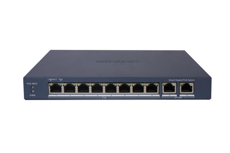 Switch PoE Hikvision DS-3E1510P-EI: 8 × Gigabit PoE port, 2 × Gigabit RJ45 port maxim 30W, buget PoE 110W, tensiune alimentare 54VDC, 2.22A, dimensiuni: 217.6 mm × 27.6 mm × 108.5 mm, greutate: 0.54kg, montare pe birou sau pe perete.