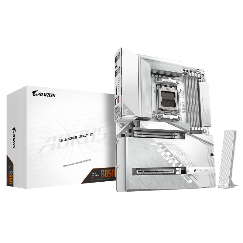 Placa de Baza GIGABYTE B850 AORUS STEALTH ICE AM5, 4x DDR5, 1x HDMI 1x PCIE 5.0 x16 1x PCIE 4.0 x16, 2x M.2, 2x SATA 6GB/s, ATX
