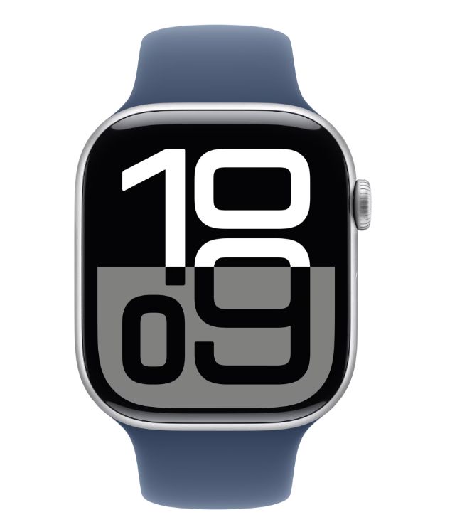 Apple Watch Series 10 GPS + Cellular 46mm Silver Aluminium Case with Denim Sport Band - S/M