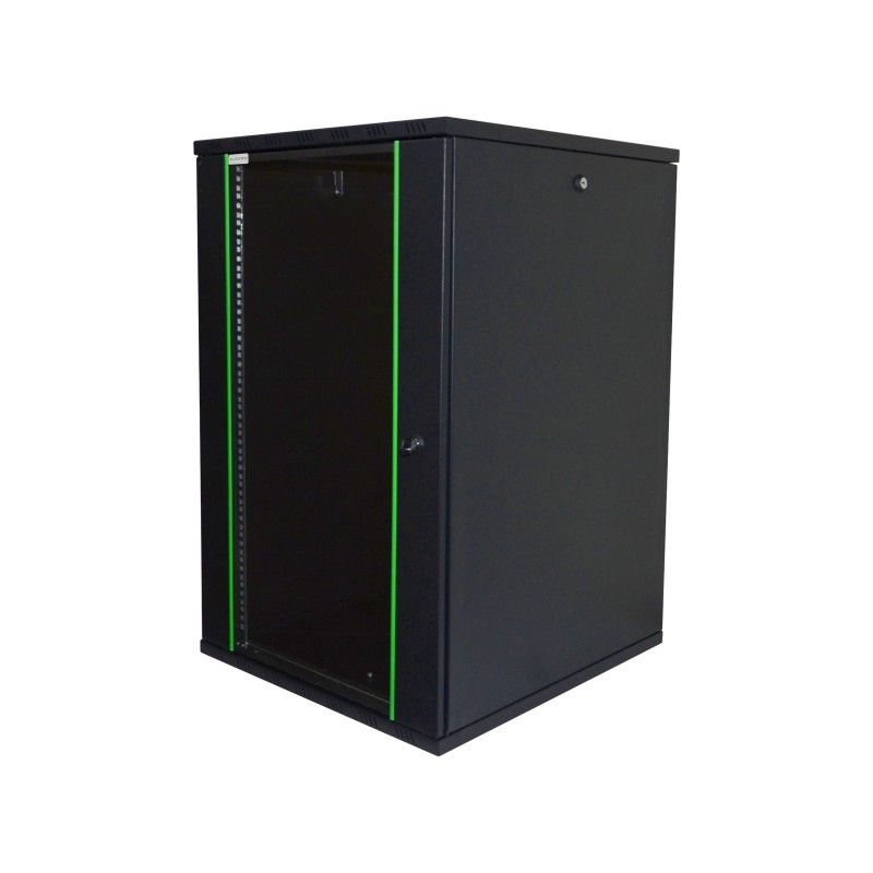 Rack 19'' 18U 600x600, de perete, usa din sticla, panouri detasabile si securizate, dezasamblat, capacitate 100kg, negru RAL9005, D-META-2, DECKRO