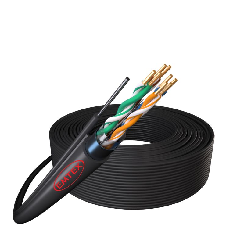 Cablu F/UTP cu sufa, Cat.5e, Cupru, 24AWG/1, manta PE, Fca, de exterior, rezistent UV, Fluke Pass, tambur 305m, negru - Emtex